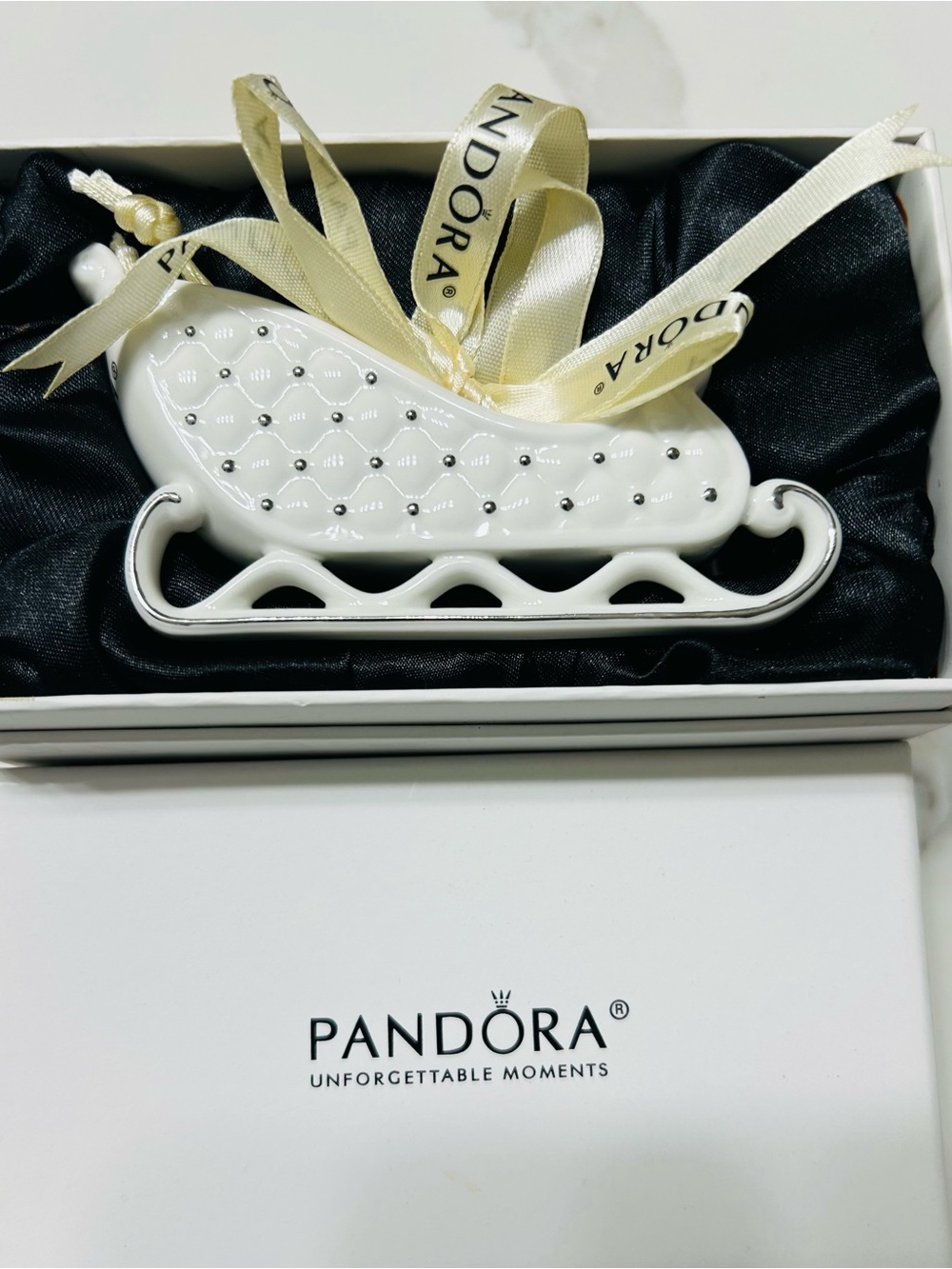 Authentic Pandora collectible Holiday Ornament-White porcelain sleigh